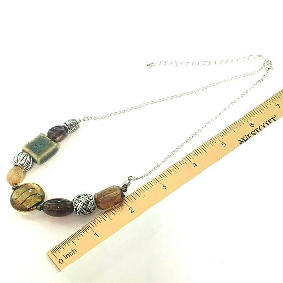 SAO Avon Art Glass 17" Necklace Faux Amber Foil Bead Ceramic Silver Tone Beads - Picture 7 of 9